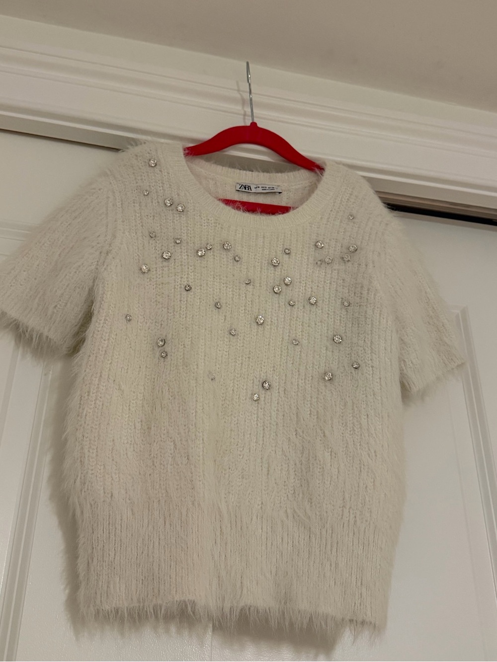 Zara Cream Fuzzy Knit Sweater with Rhinestone Accents